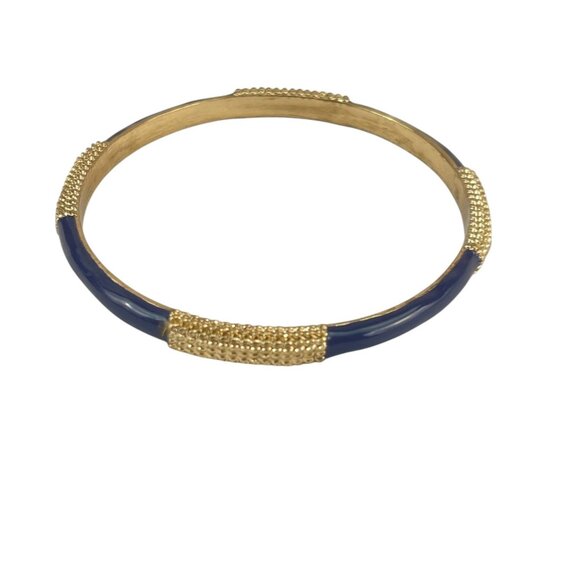 Gold-Tone & Navy Blue Enamel Bangle Bracelet Textured Detailing Classic Ethnic - Picture 2 of 7